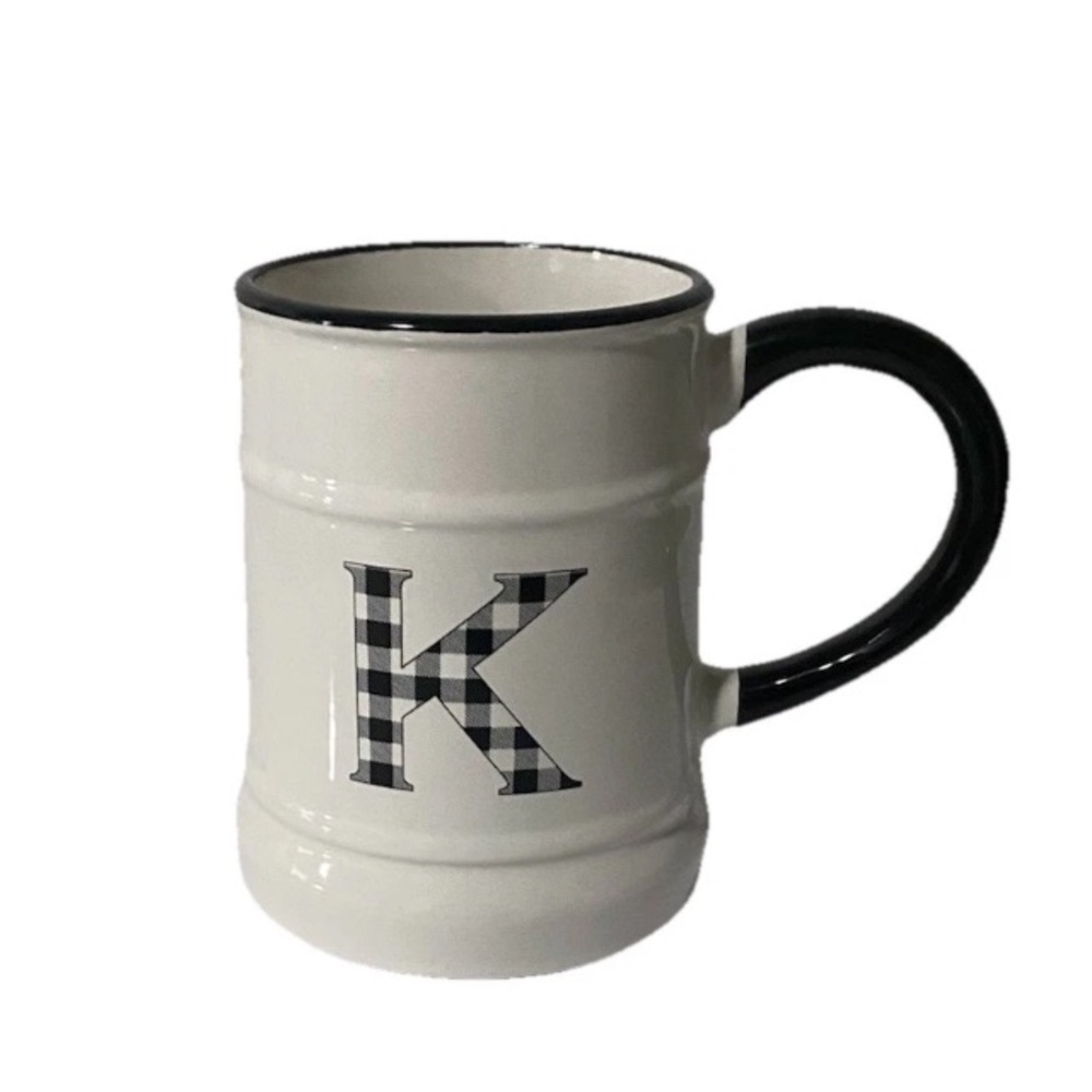 Farmyard Collection Letter K Plaid Coffee Mug Black White Brand New